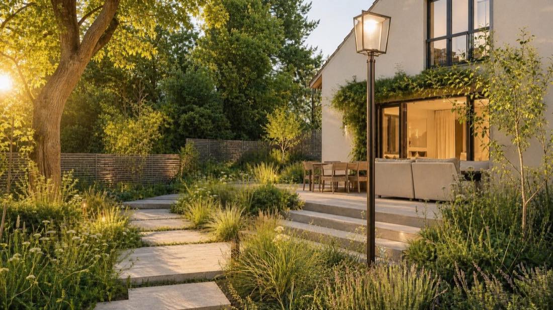 Grand jardin paysager ensoleillé en fin d’après-midi