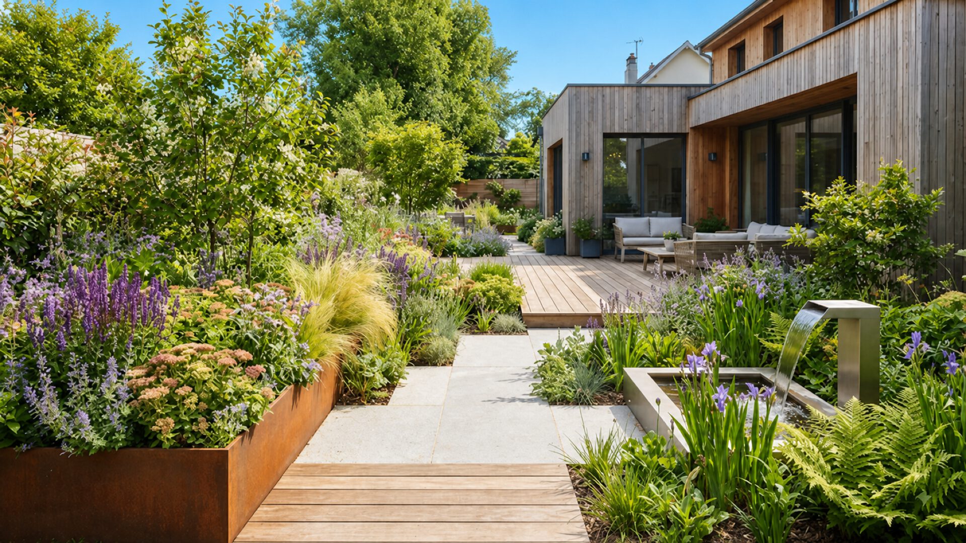 Jardin contemporain planté de vivaces devant une maison en bois
