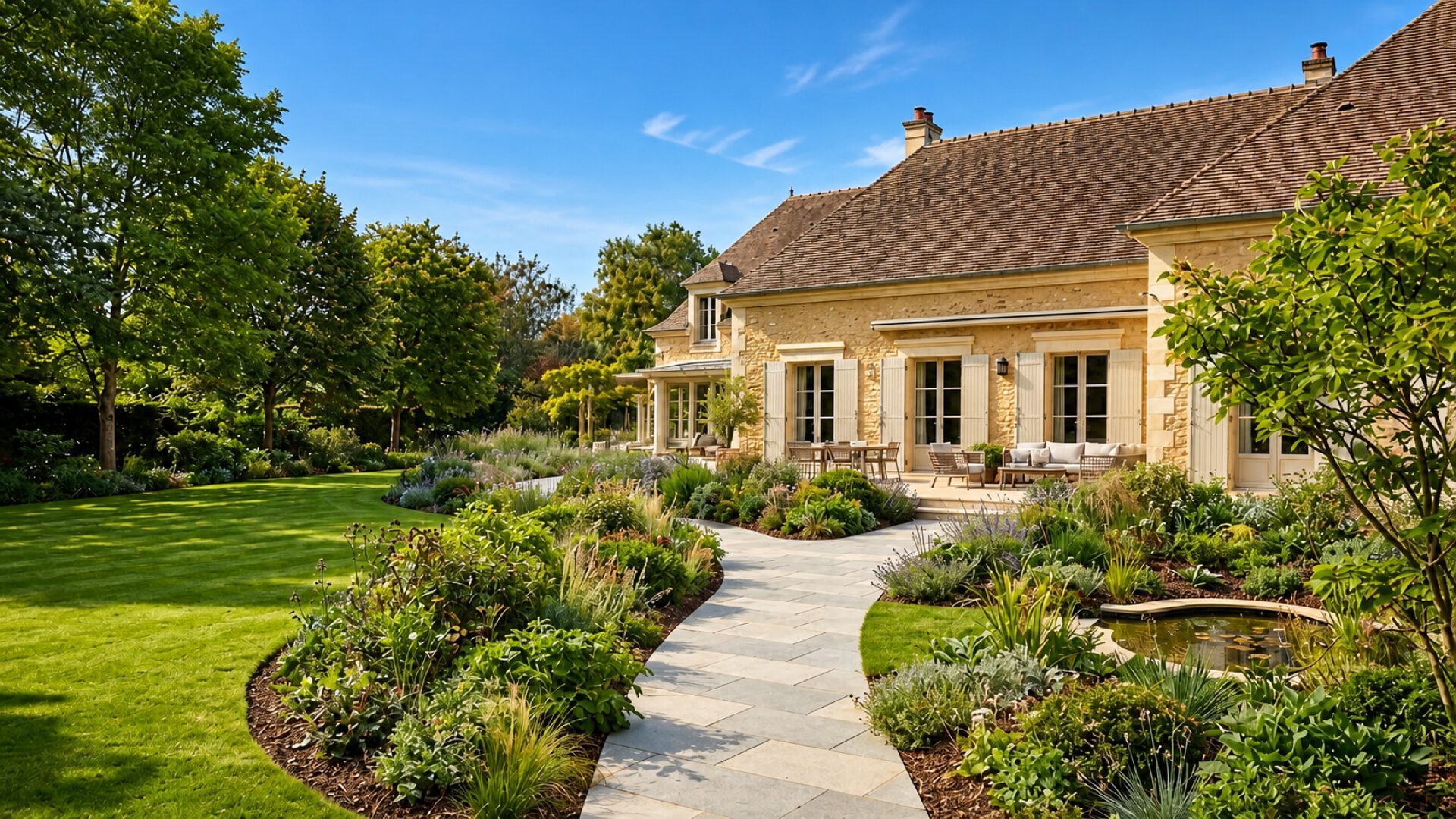 Jardin de maison en pierre avec allée de dalles et massifs de vivaces