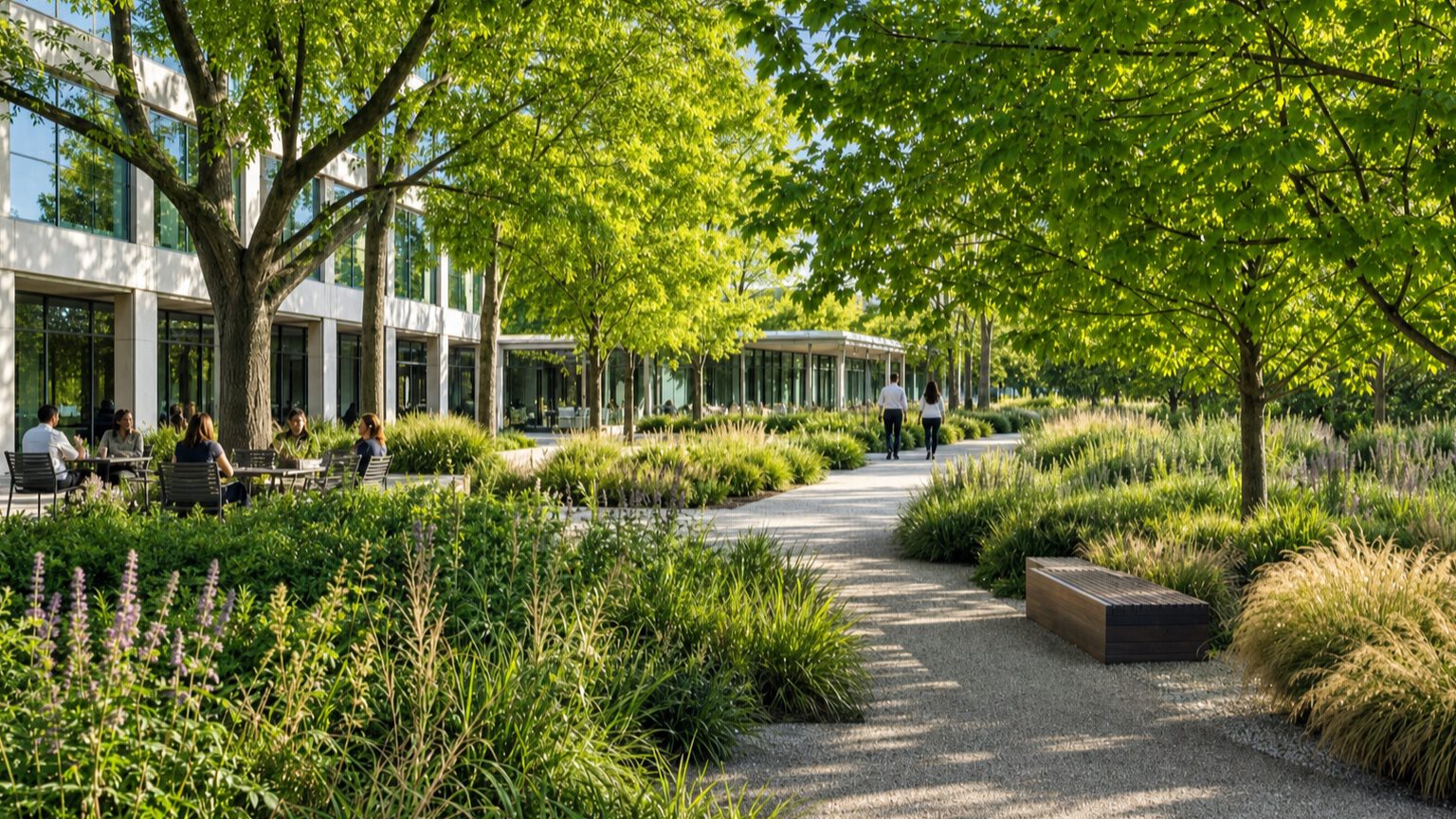 Allée plantée le long d’un bâtiment de bureaux avec graminées et vivaces