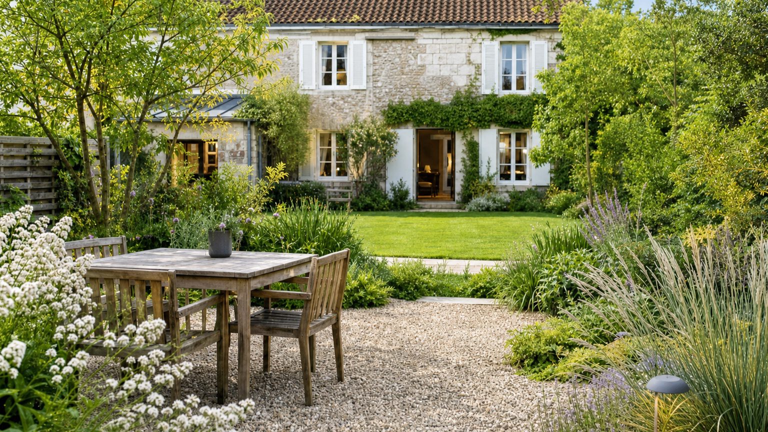 Jardin de maison en pierre avec terrasse gravillonnée et massifs fleuris