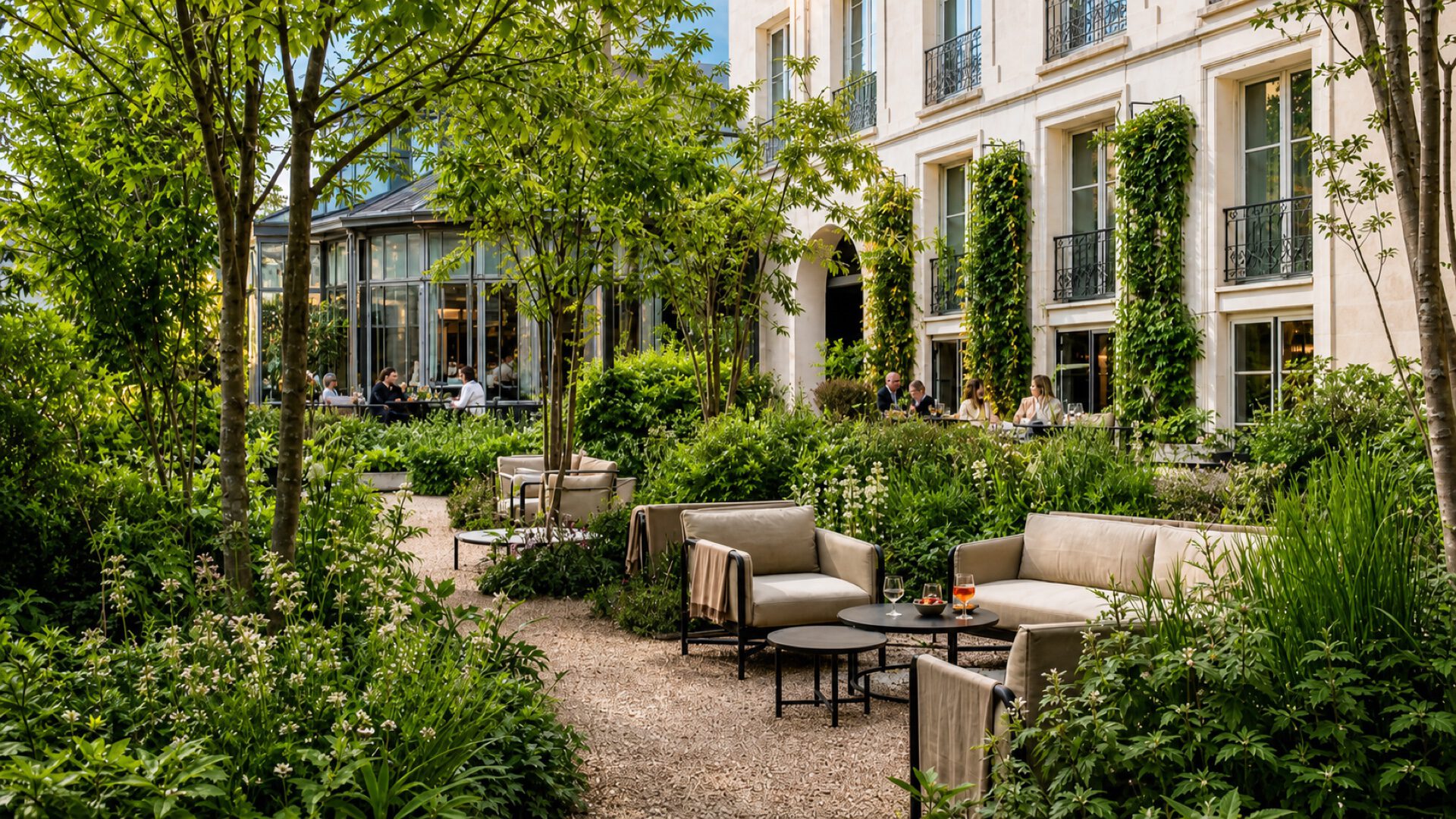 Jardin d’hôtel particulier avec salons extérieurs et végétation dense