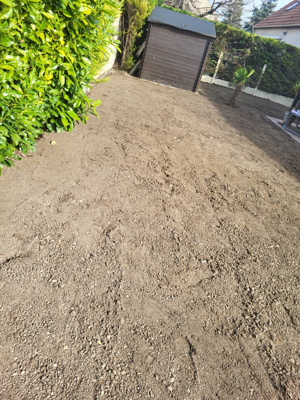 Fond de jardin décaissé et affiné, terre nue prête au semis, abri de jardin au fond.