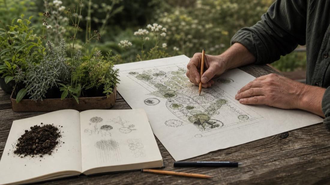 Étude d’un plan de jardin sur une table extérieure