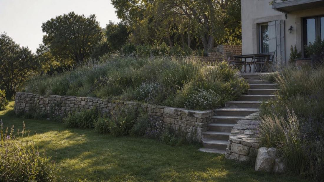 Jardin privé en pente soutenu par la pierre sèche