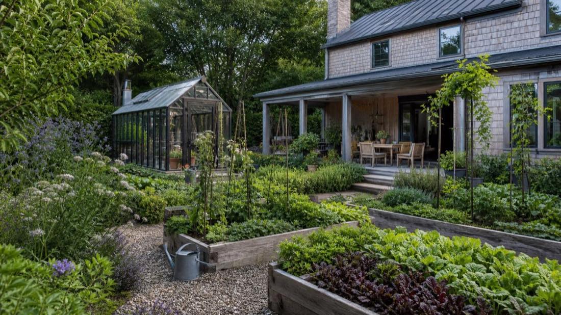 Potager contemporain intégré à un jardin privé
