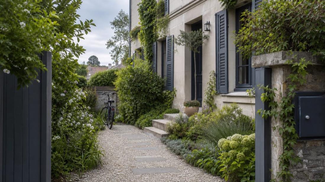 Entrée de maison soulignée par un paysage sobre