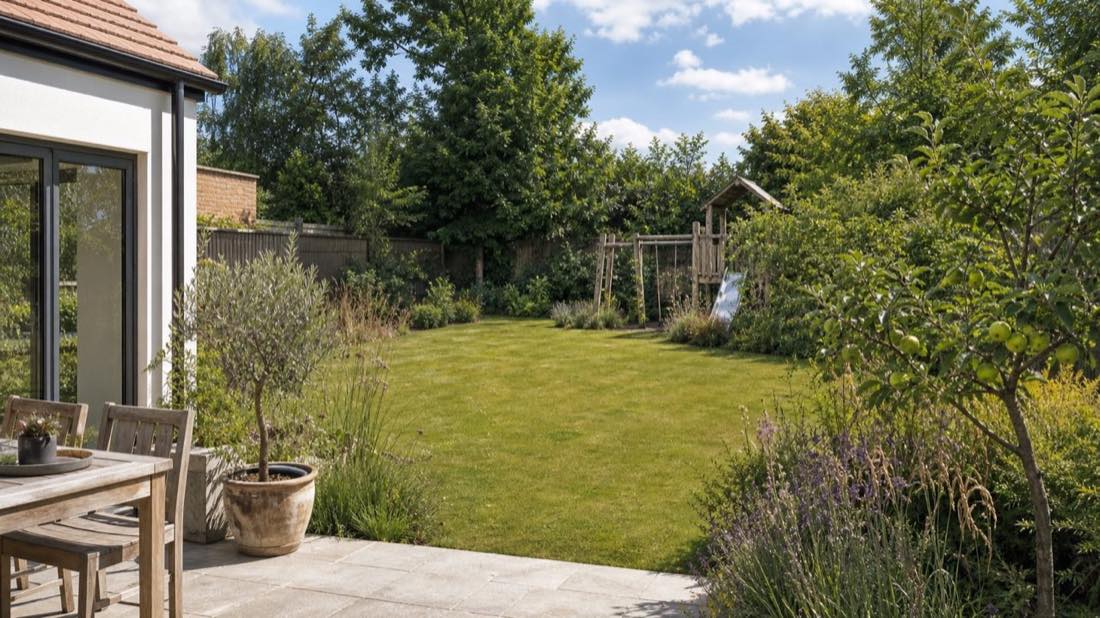 Espace de jeu intégré à un jardin familial