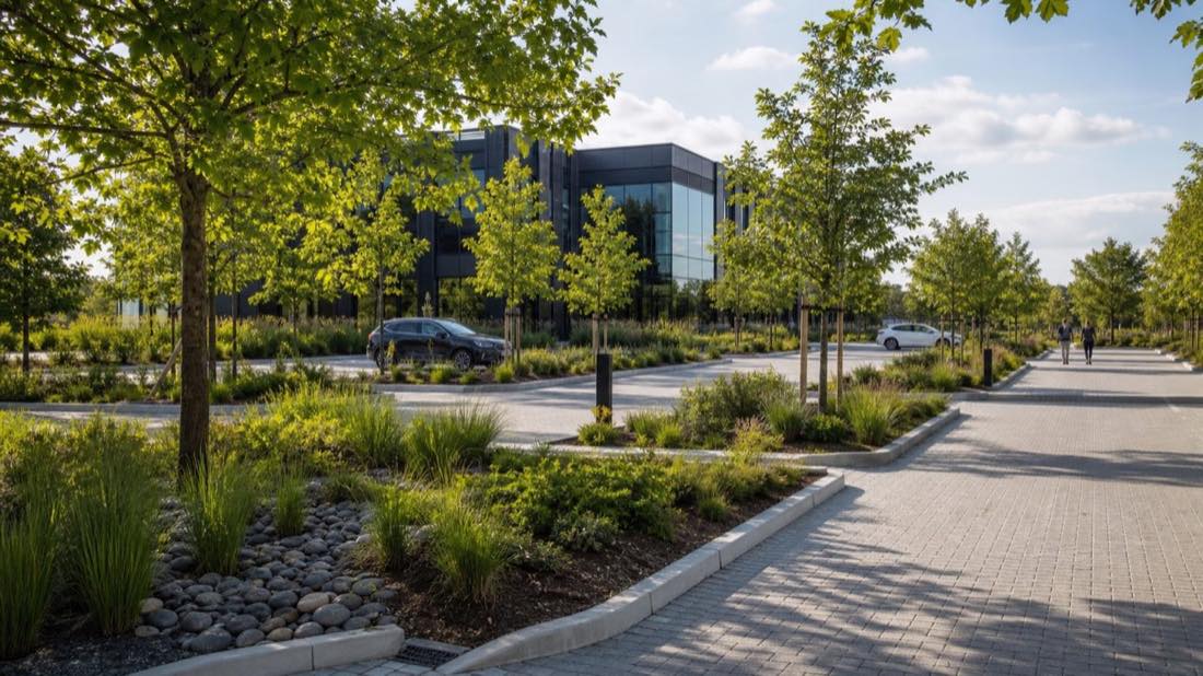Parking professionnel intégré à des noues plantées