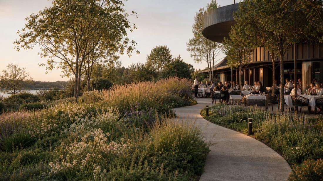 Terrasse de restaurant entourée d’un jardin naturel